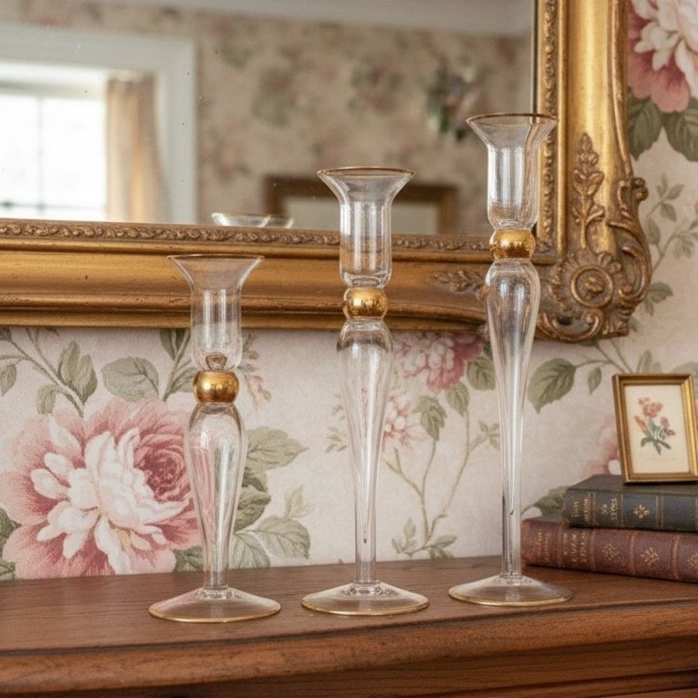 Long-Stemmed Fluted Glass Candlestick Holders, Set of 3 Vintage Gold-Rim Holiday
